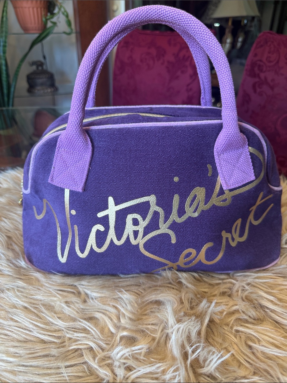 Victoria's Secret Purple Canvas Cosmetic Tote with Gold Script